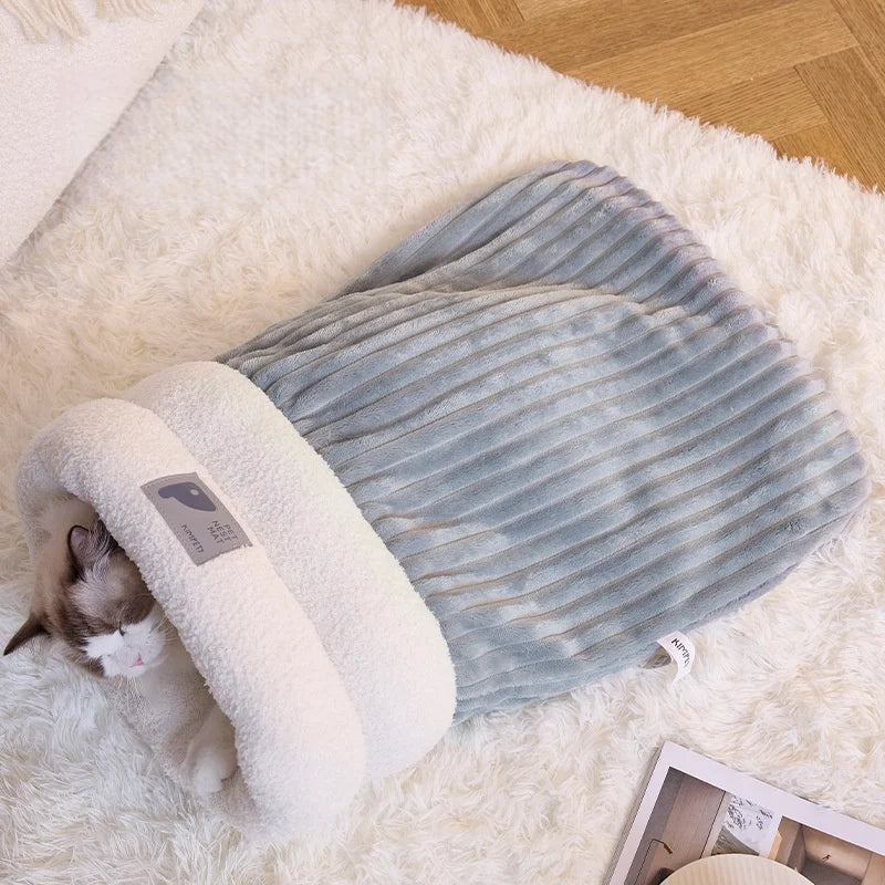 Warming Plush Cat Sleeping Bag Enclosed Snuggle Sack for Winter