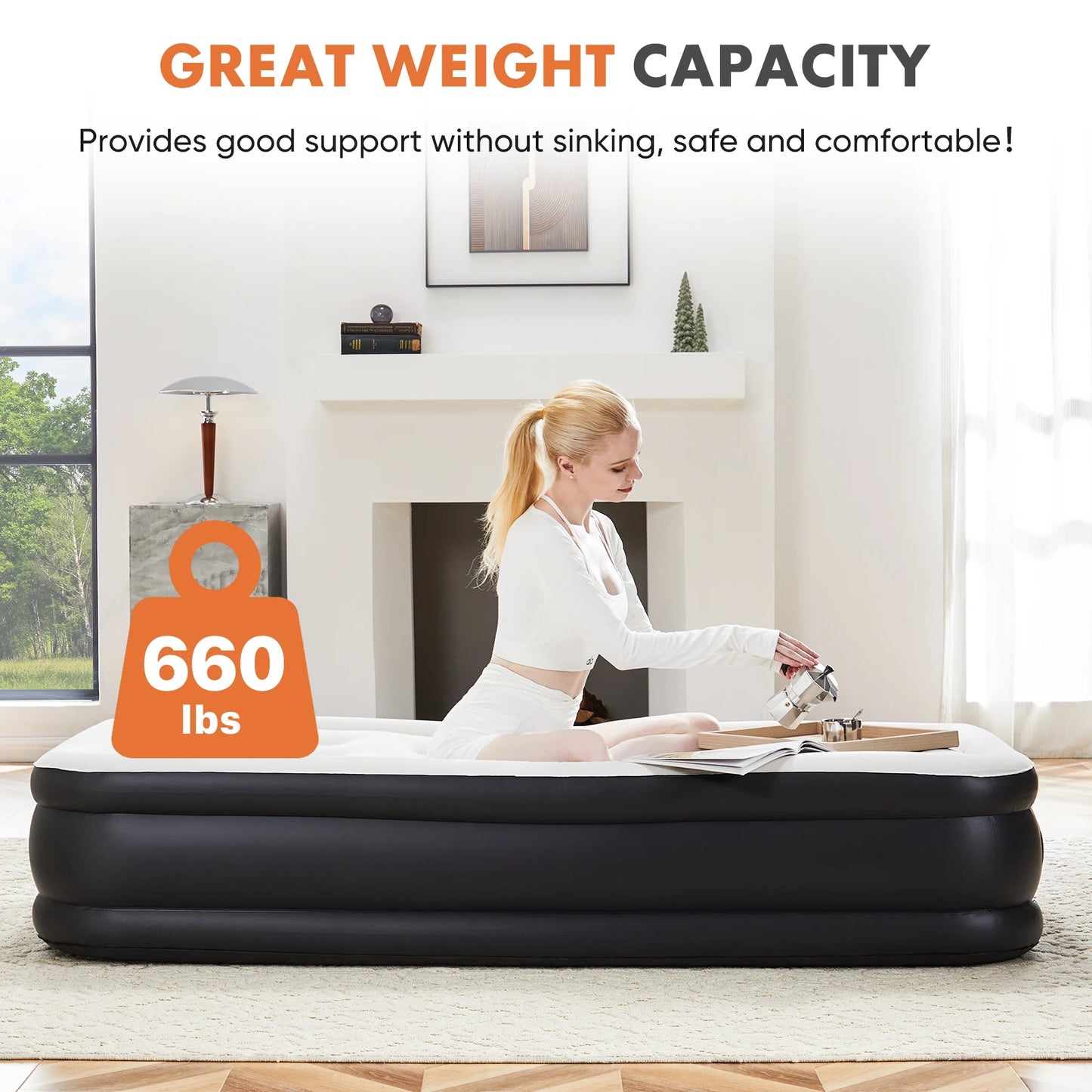 JHK Air Mattress With Skin Friendly Flocking Top And Non Slip Bottom