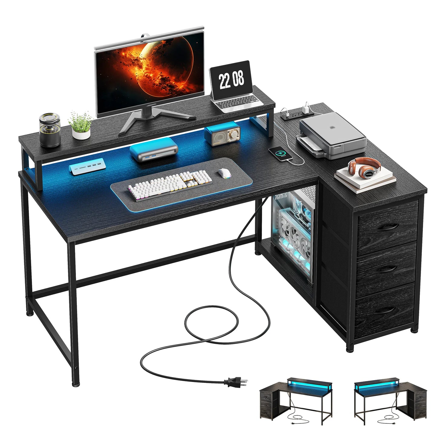 EnHomee L Shaped Gaming Desk With Monitor Stand 3 Drawers And Power Outlet