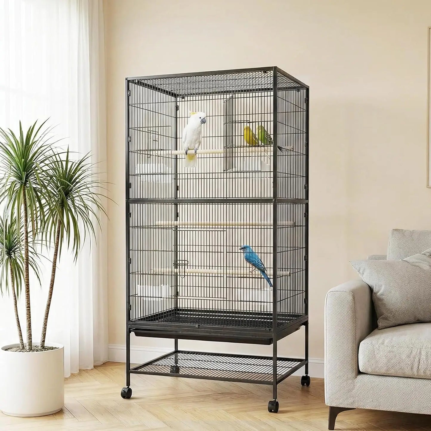 HiMISSCN Bird Cage With Rolling Stands And Feed Bowls