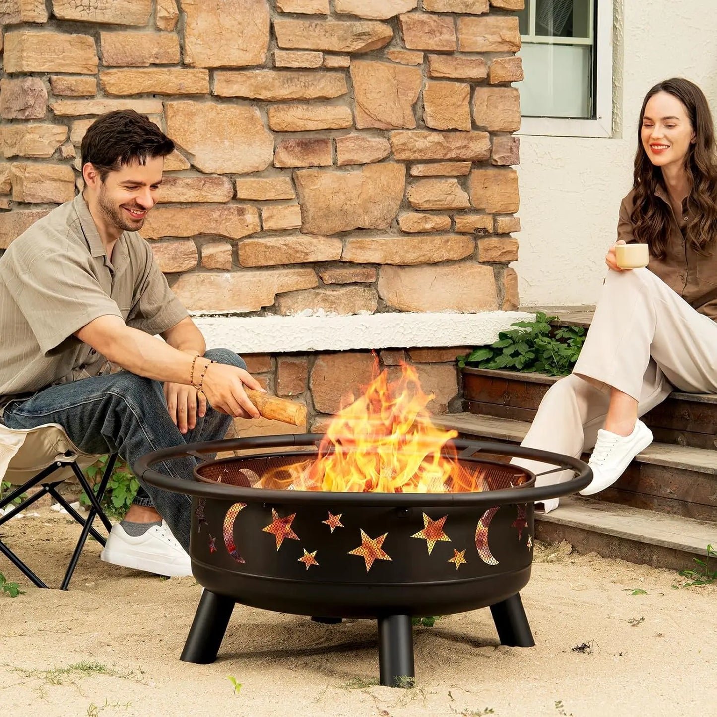 Round Fire Pit With Mesh Cover Star Moon Design Customized