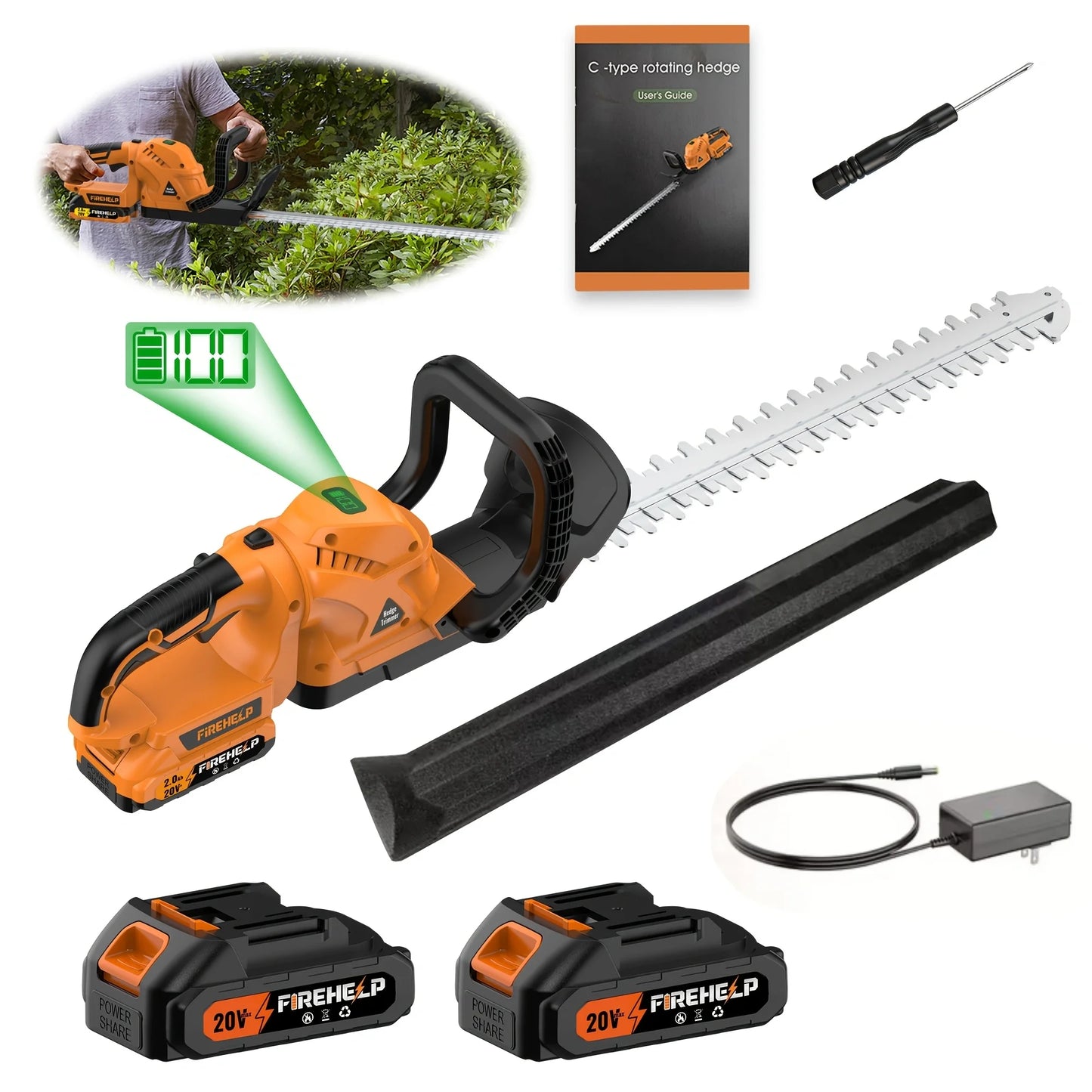 Firehelp Cordless Hedge Trimmer Pruner 20V Battery
