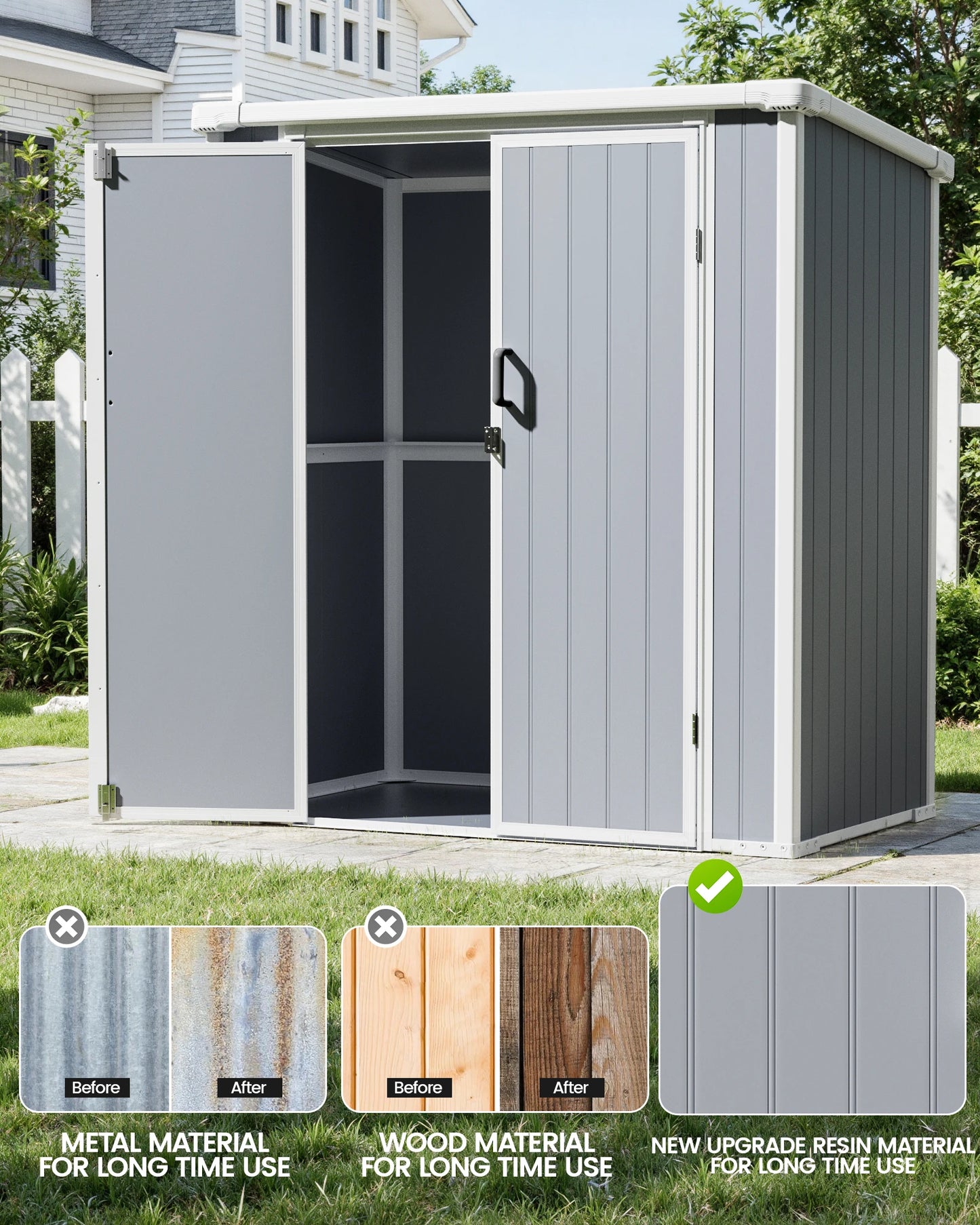 Polypropylene Resin Storage Shed Weatherproof Lockable Doors Floor Included