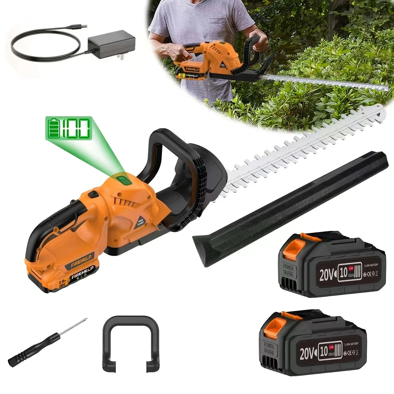 Firehelp Cordless Hedge Trimmer Pruner 20V Battery