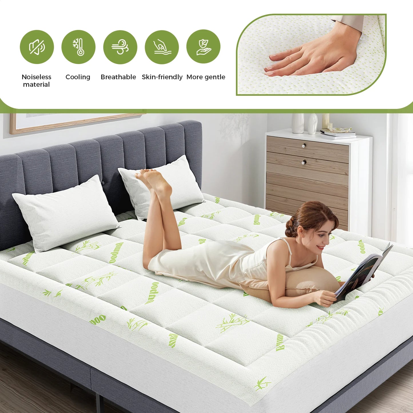 JHK Bamboo Fiber Soft Mattress Topper With Deep Pockets 400g