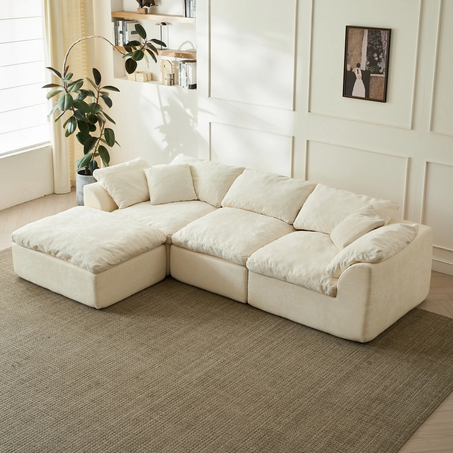 Yeflixvrau Modern Cloud L Shaped 3 Seater Chenille Sofa With Ottoman