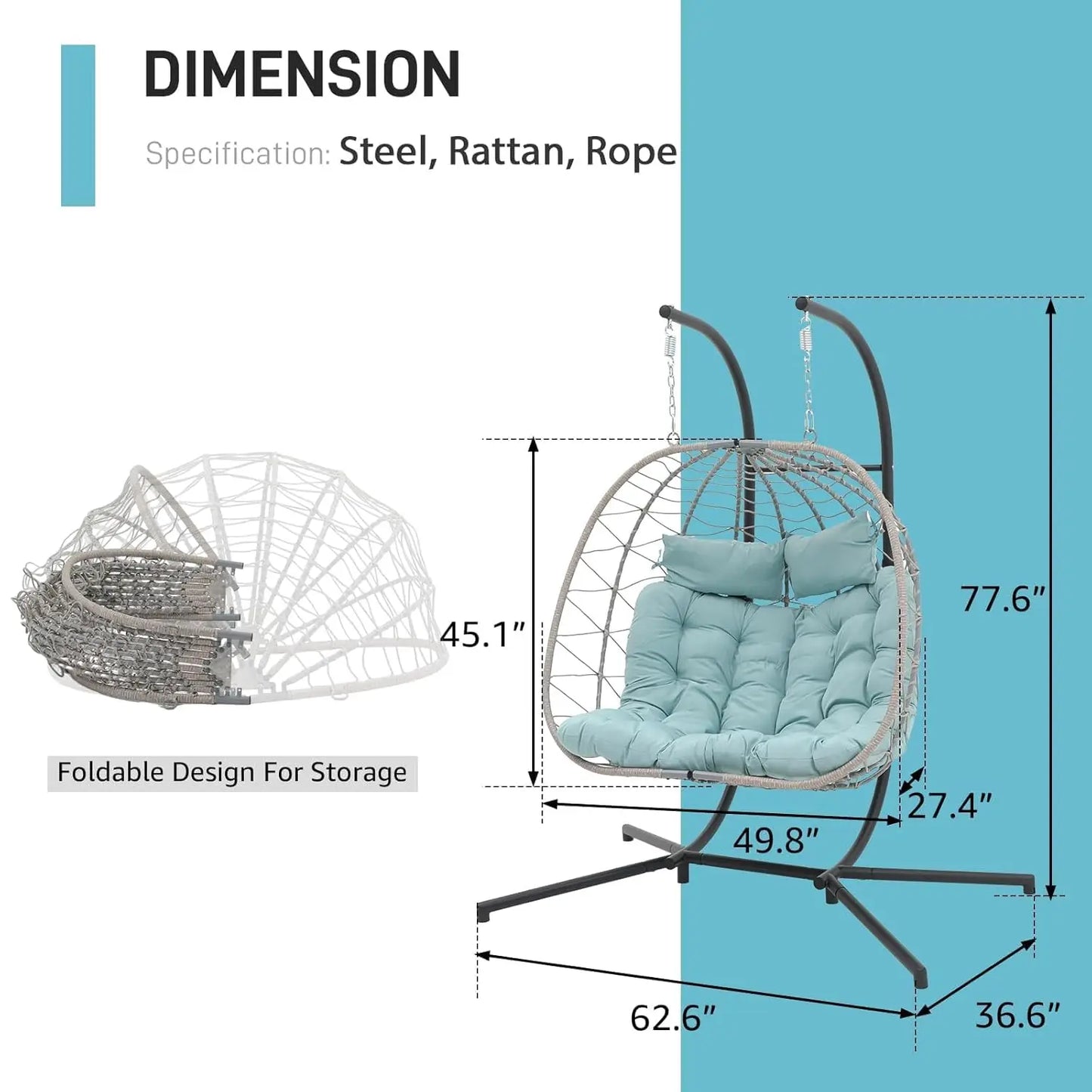HUANZHUANG Double Wicker Rattan Egg Swing Chair With Stand Cushion