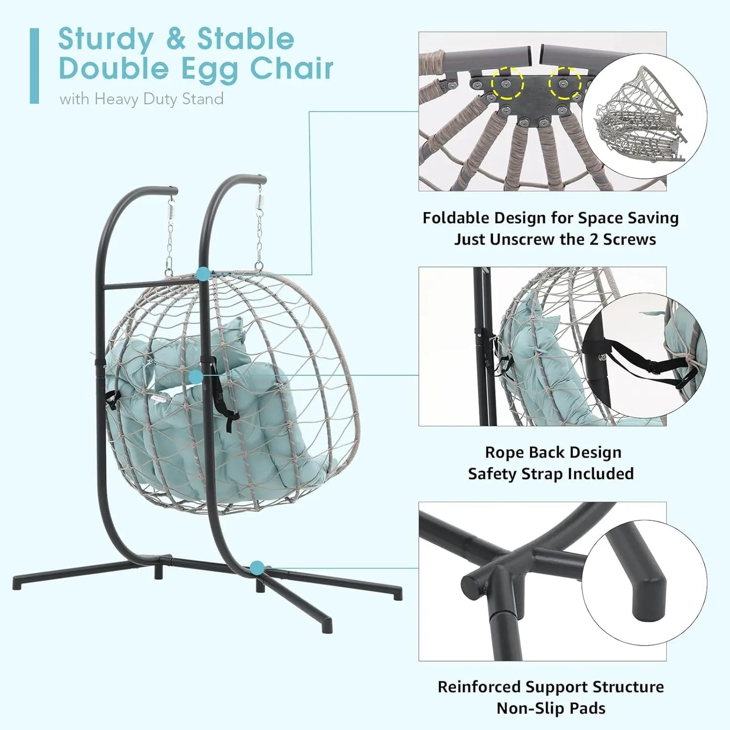 HUANZHUANG Double Wicker Rattan Egg Swing Chair With Stand Cushion