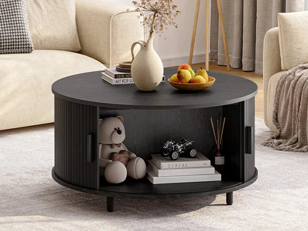 ONBRILL Round Coffee Table With Storage And 360 Degree Sliding Door