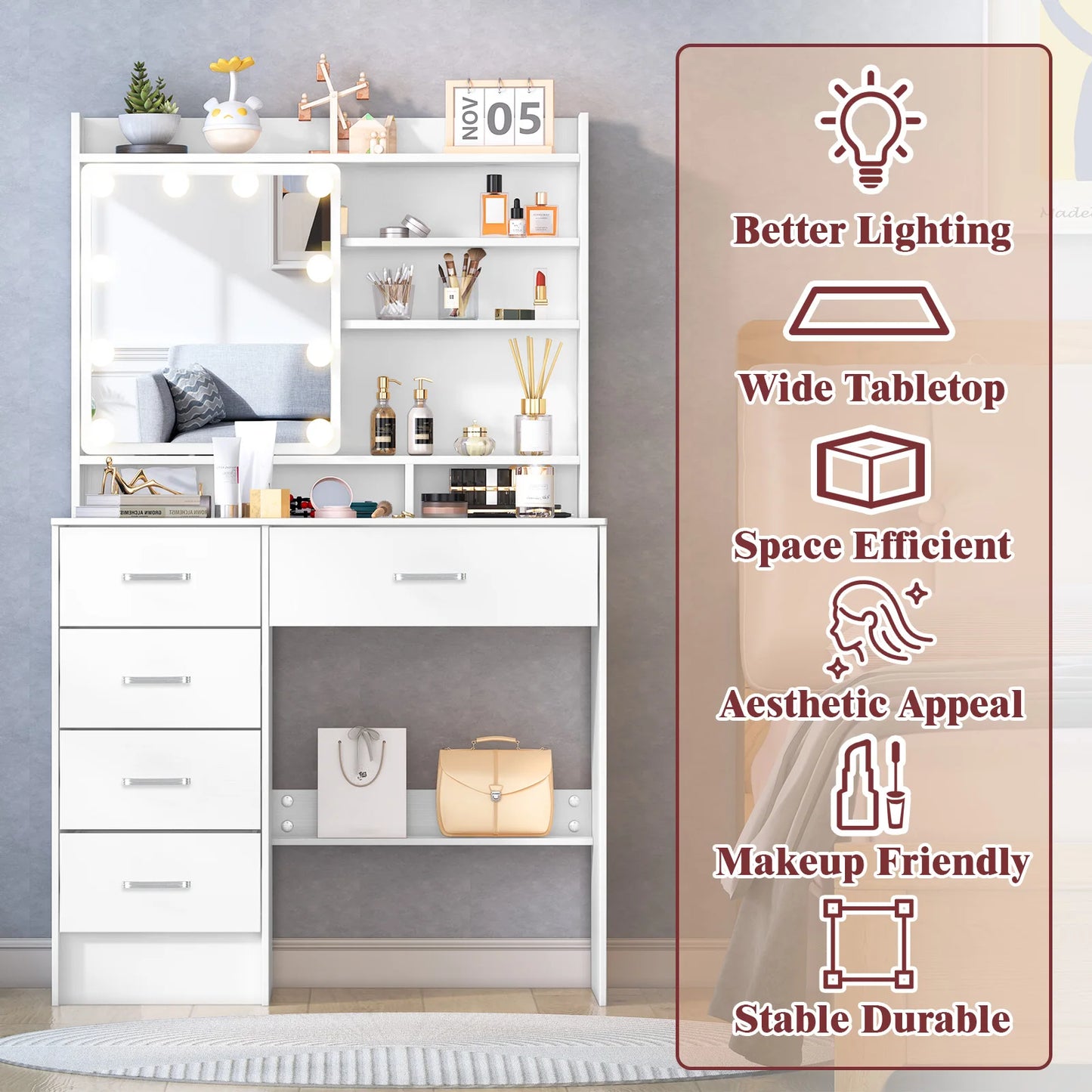 Teousev White Vanity Desk With LED Mirror And 5 Drawers