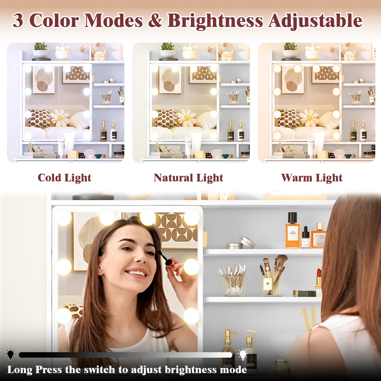 Teousev White Vanity Desk With LED Mirror And 5 Drawers