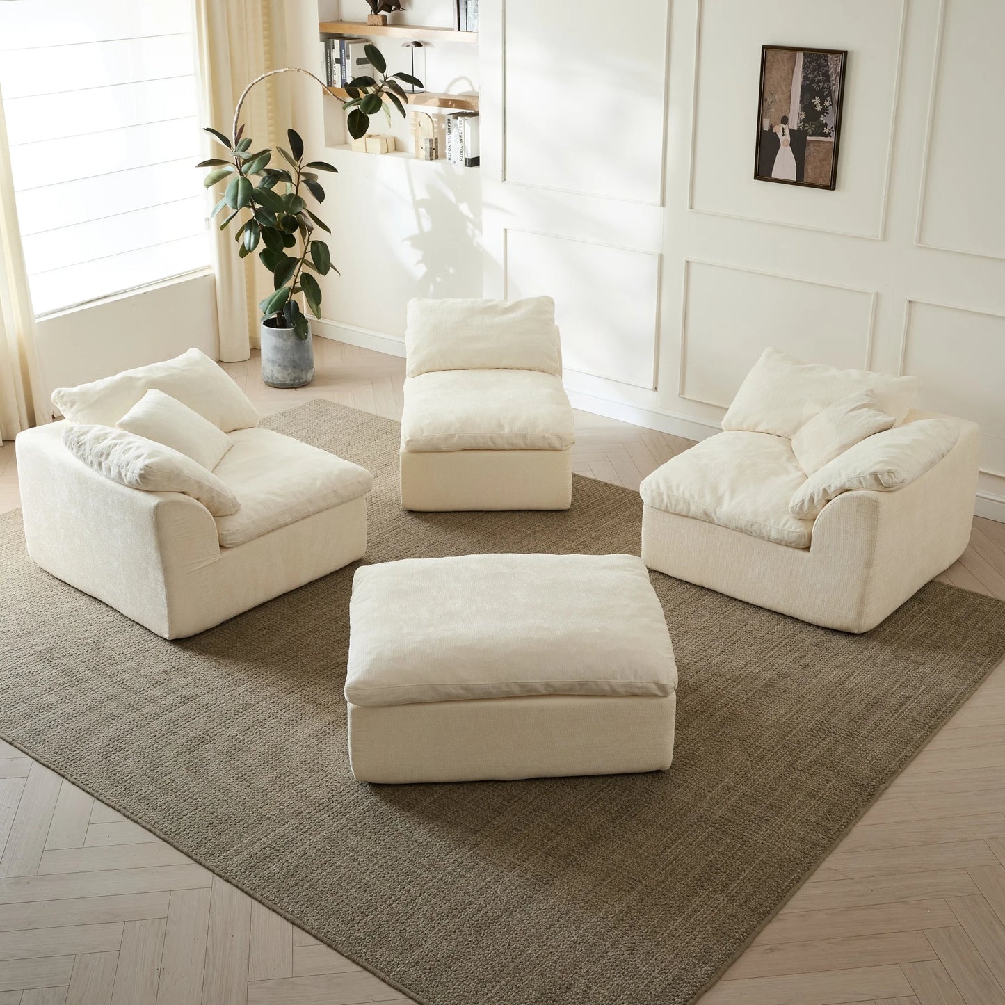 Yeflixvrau Modern Cloud L Shaped 3 Seater Chenille Sofa With Ottoman