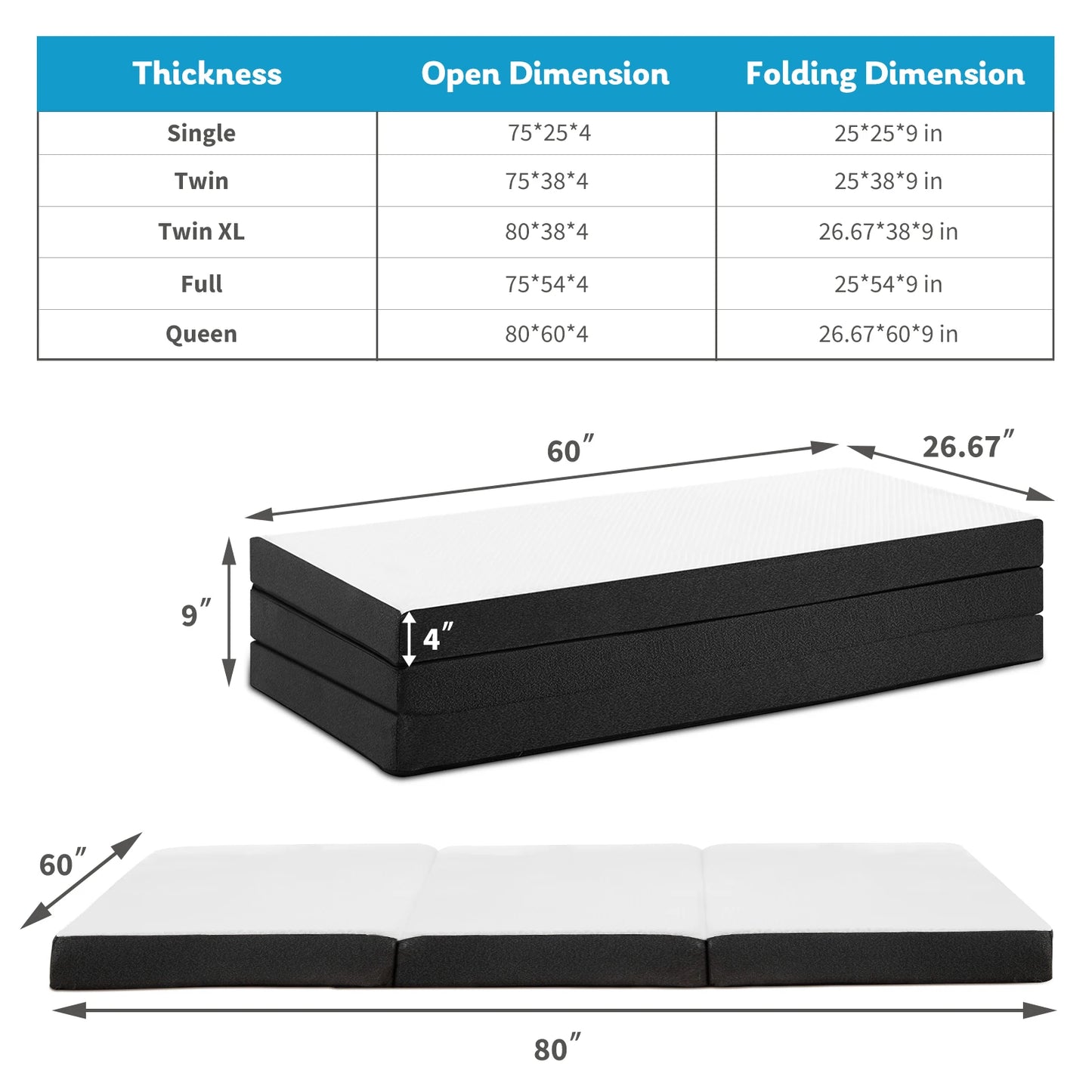 JHK Tri-Fold Memory Foam Travel Mattress With Collapsible Washable Cover