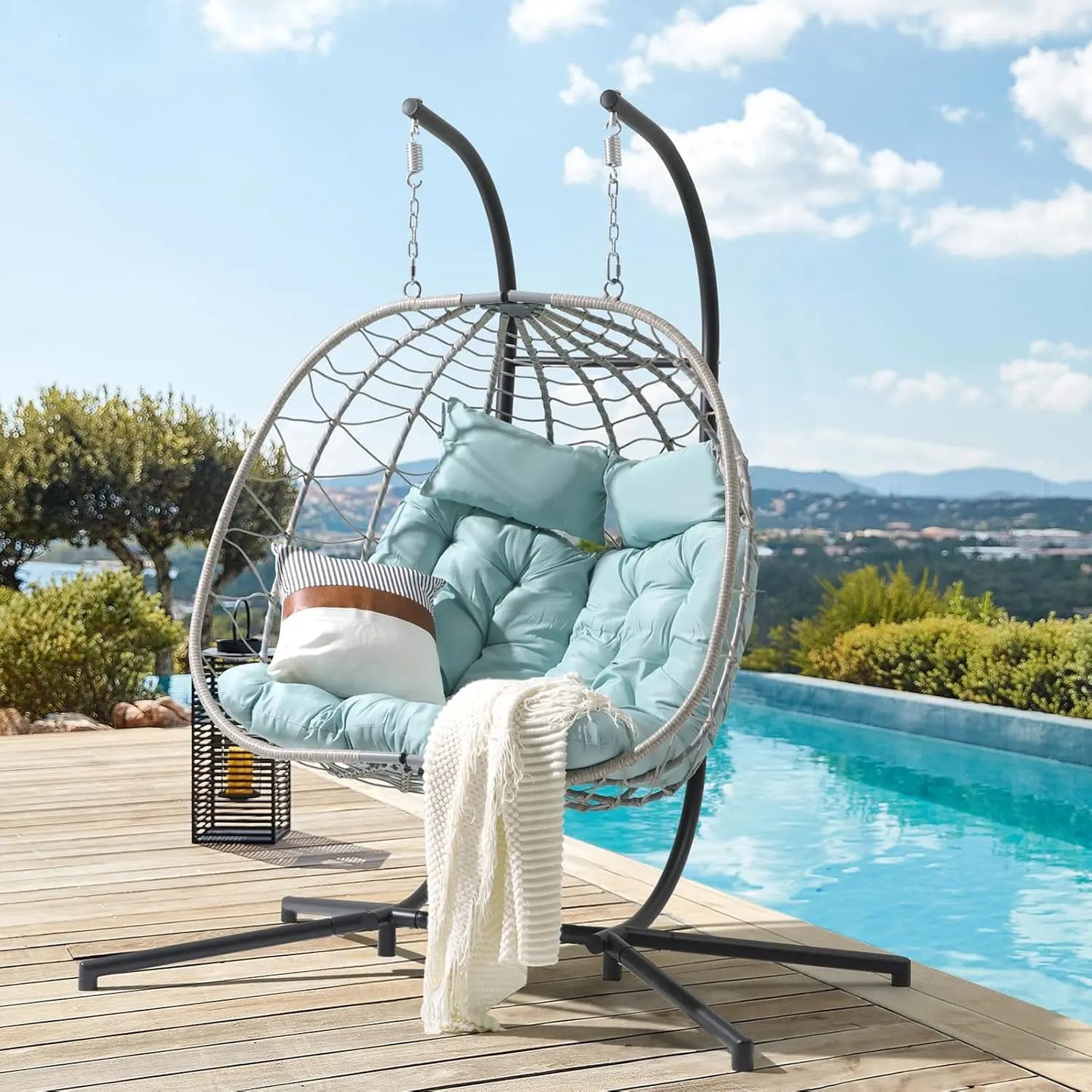 HUANZHUANG Double Wicker Rattan Egg Swing Chair With Stand Cushion
