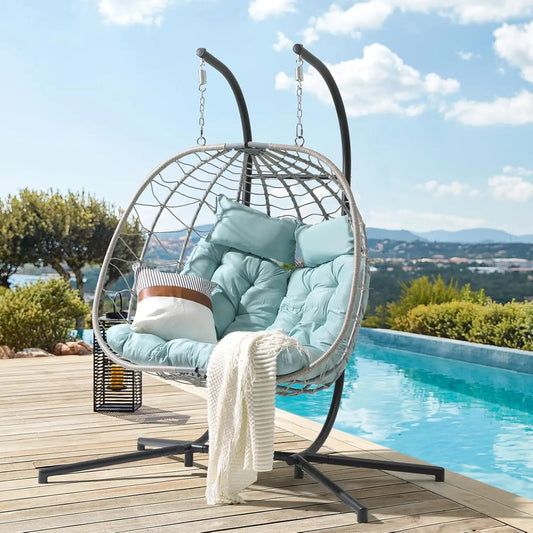 HUANZHUANG Double Wicker Rattan Egg Swing Chair With Stand Cushion