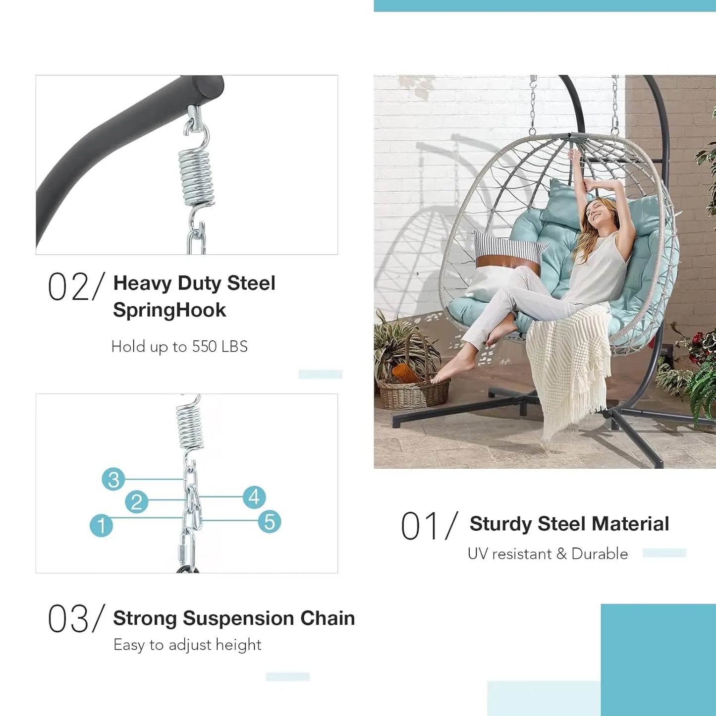HUANZHUANG Double Wicker Rattan Egg Swing Chair With Stand Cushion
