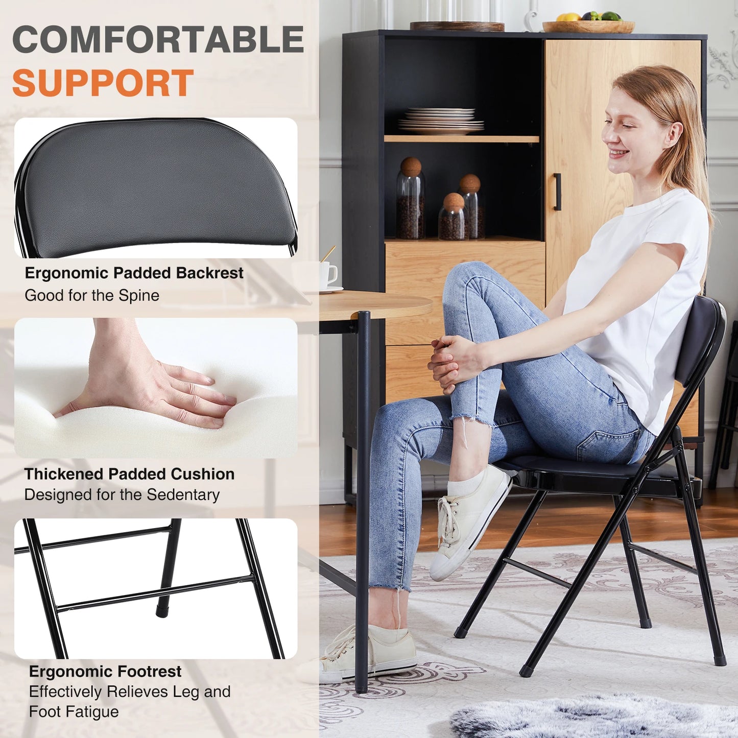JHK Leather Padded Folding Chairs 4 Pack Sturdy Metal