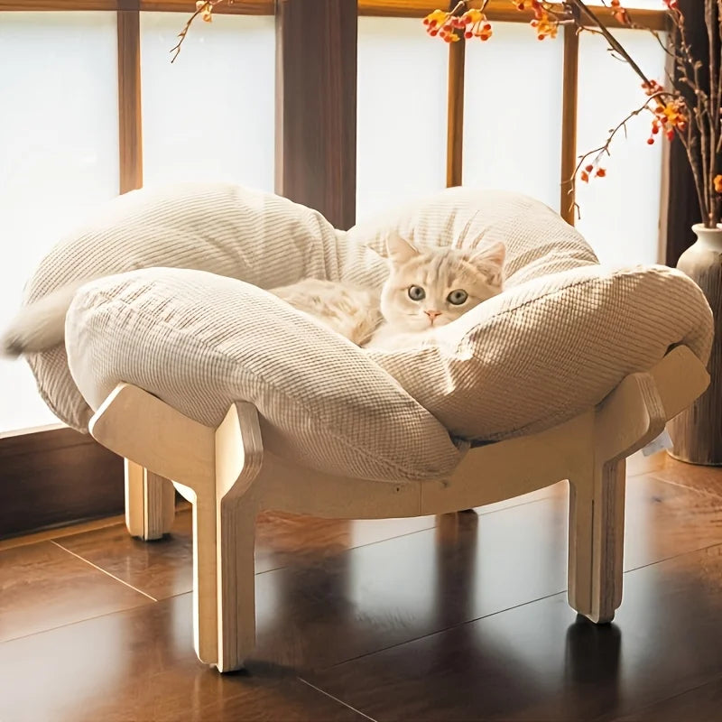 Raised Wooden Cat Bed With Soft Cushion For Indoor Lounging