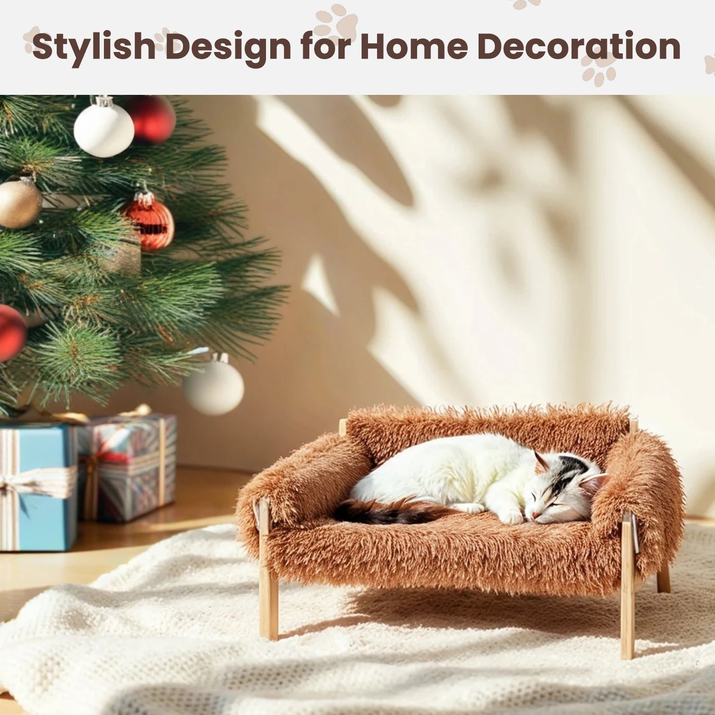 Wooden Leg Raised Plush Cat Sofa Bed for Indoor Cats