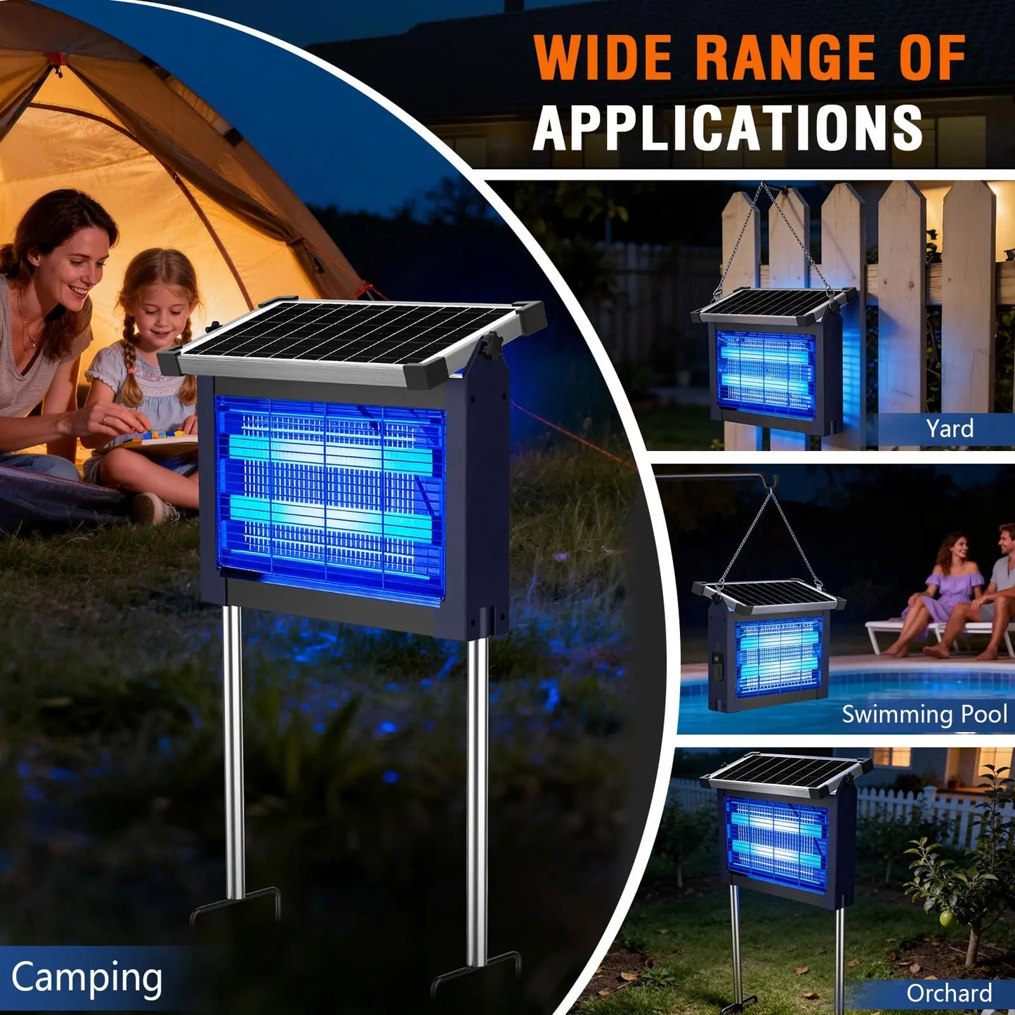 Outdoor Solar Bug Zapper Cordless 4500V Waterproof Mosquito Killer Patio