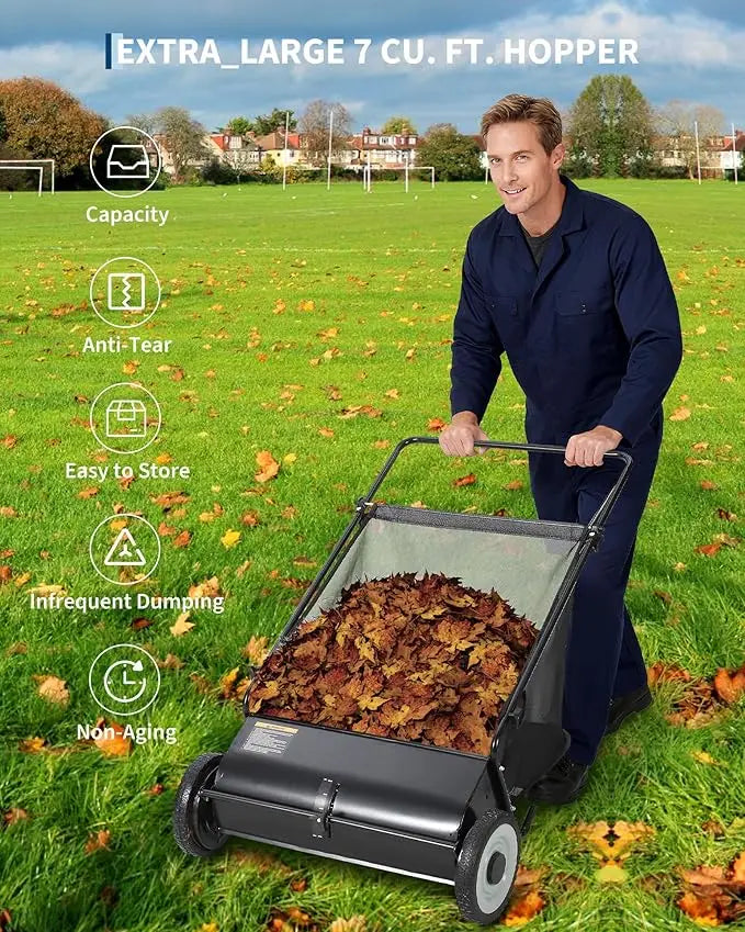 Push Lawn Sweeper With Durable Steel Frame And Bag