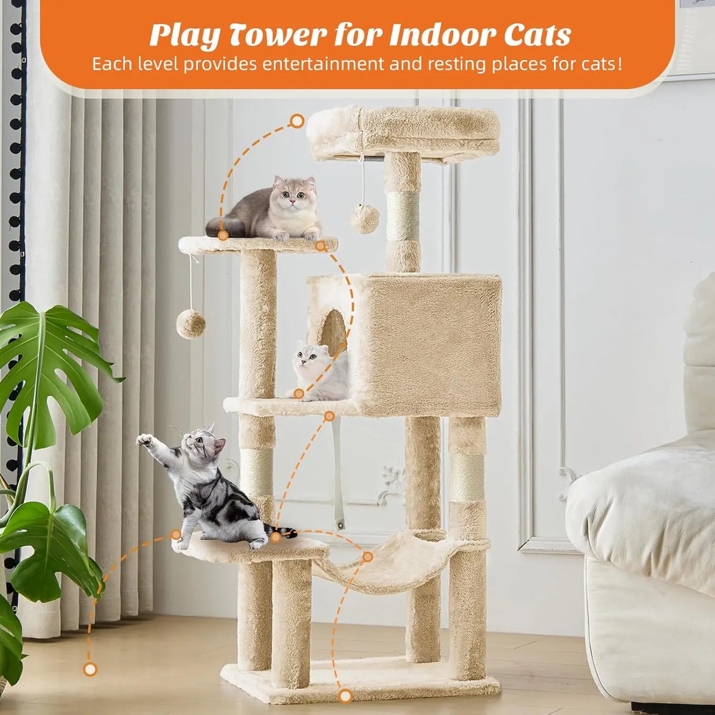 Cat Tree Tower Indoor Cats With Sisal Scratching Posts Hammock