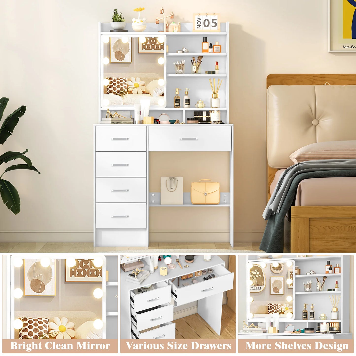 Teousev White Vanity Desk With LED Mirror And 5 Drawers