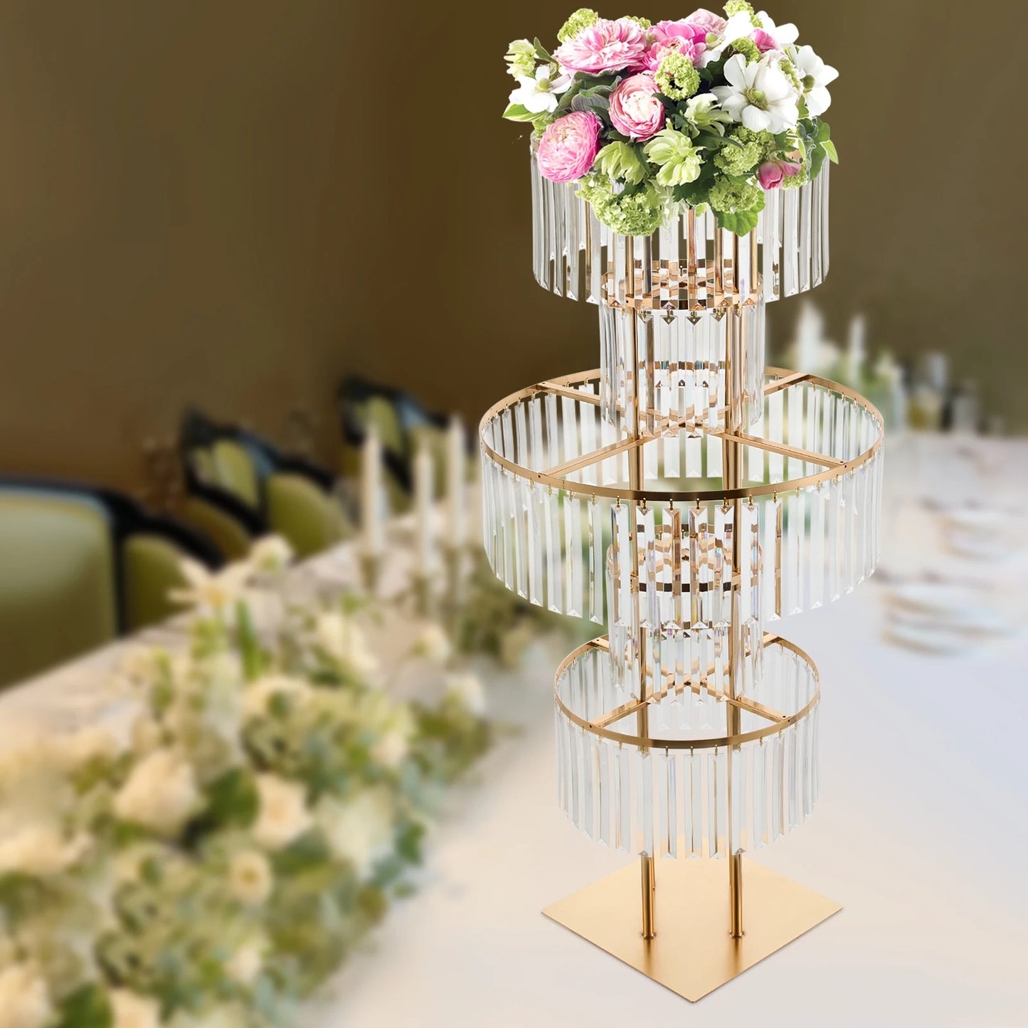 Five Tier Wedding Centerpiece Stand With Hanging Acrylic Vases