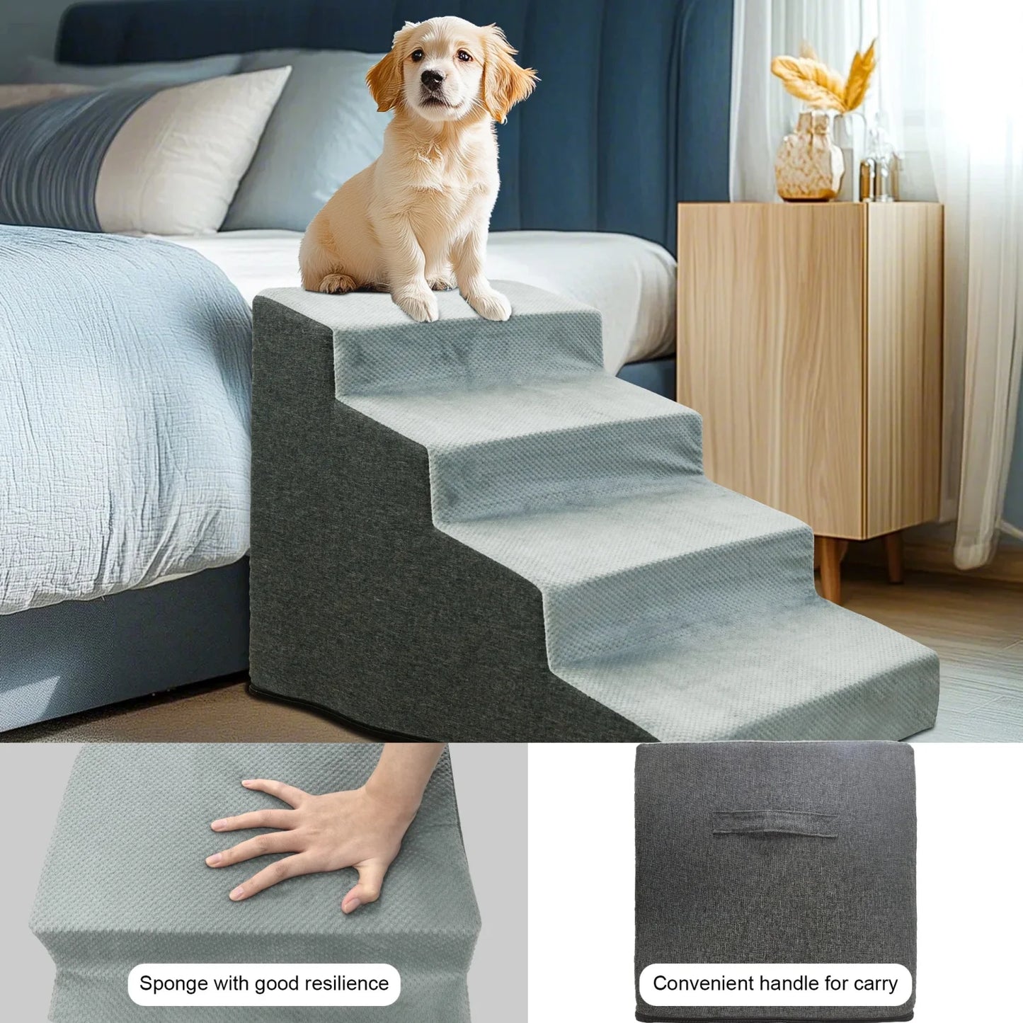 3/4 Steps Dog Stairs Ramp With Washable Cover Non Slip For Small Dogs