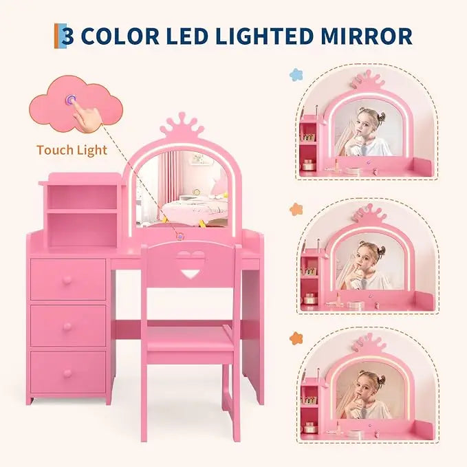 HiMISS Kids Vanity With Lights Princess Makeup Desk And Chair