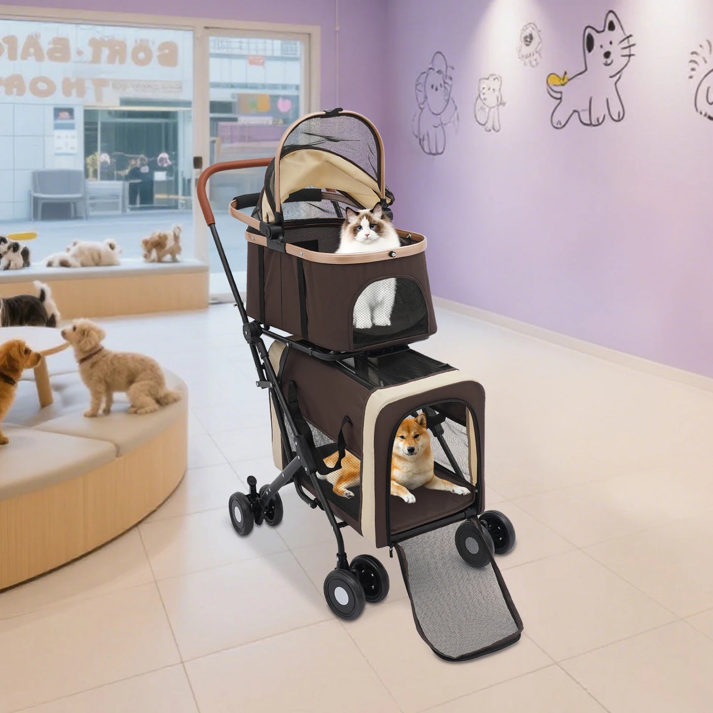 Bymaocar Foldable Pet Stroller for Small and Medium Dogs Two Tier Load 35kg