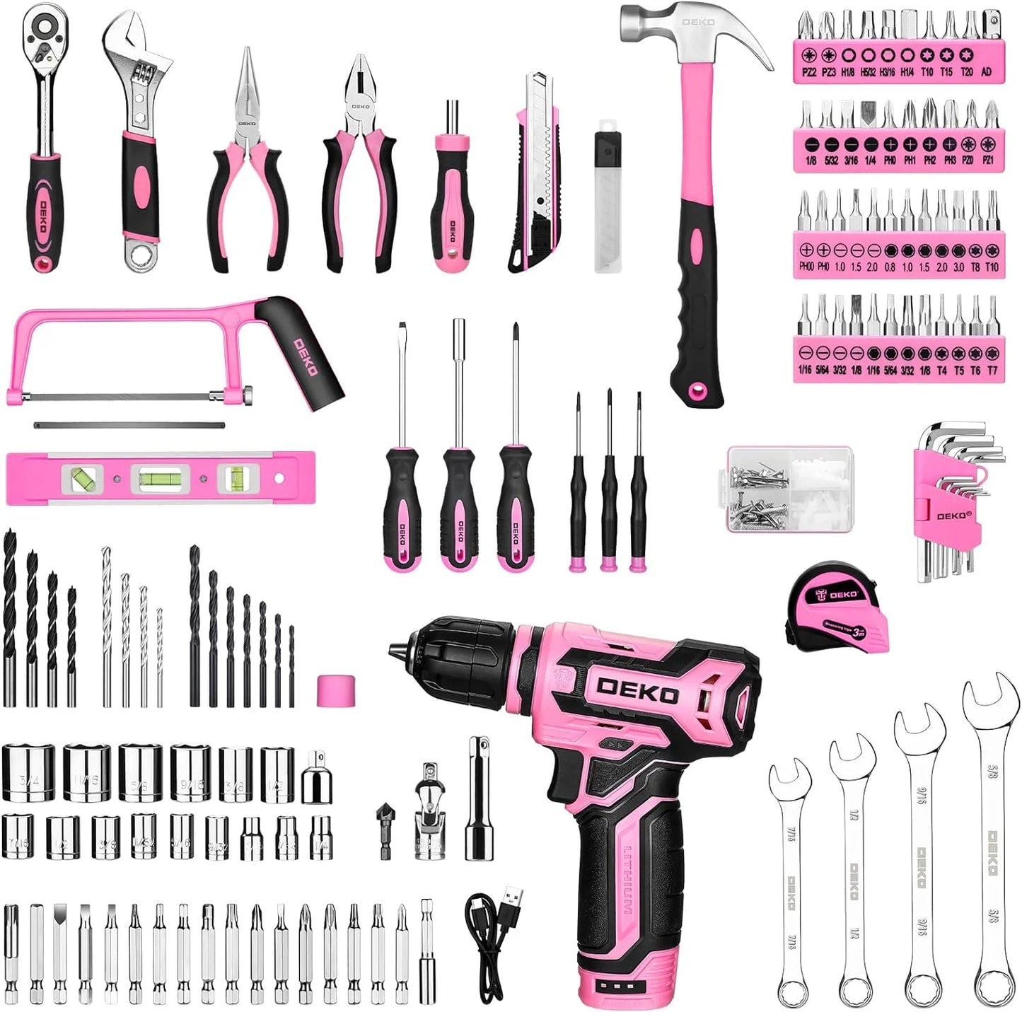 DEKO 12V Cordless Drill and Home Mechanic Toolbox Set with Organizer