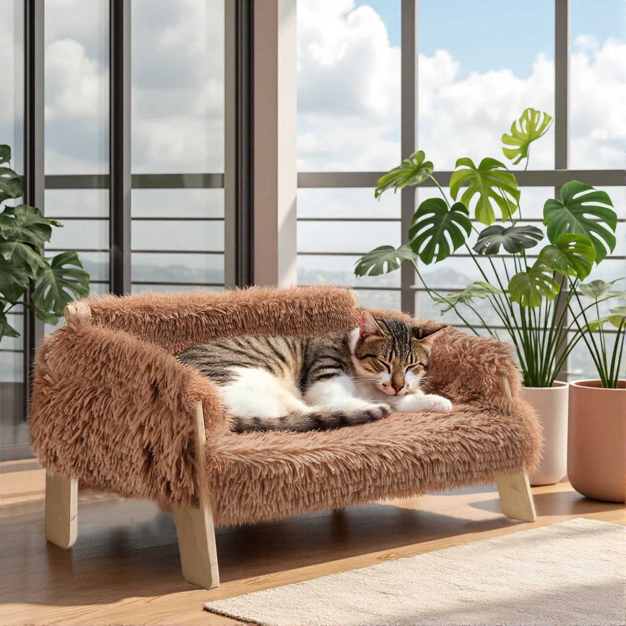 Wooden Leg Raised Plush Cat Sofa Bed for Indoor Cats