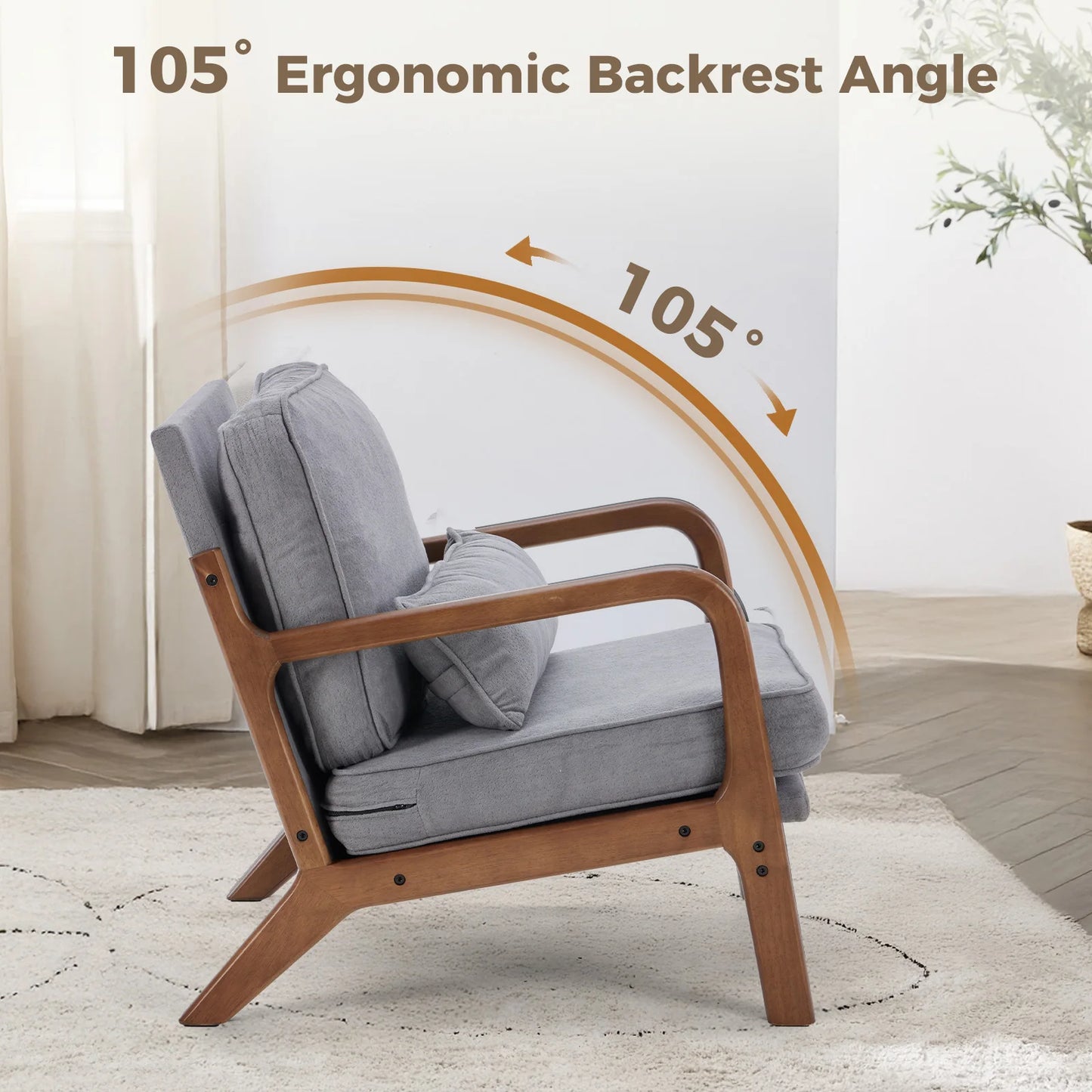 JHK Mid Century Modern Chair Solid Wood Frame With Arms