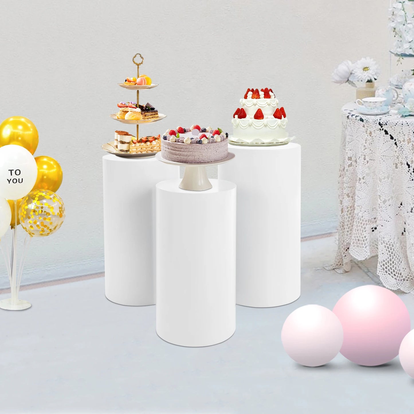 Round Cylinder Pedestal Stand Set 5 or 3 Pieces Freestanding Metal Cake Display