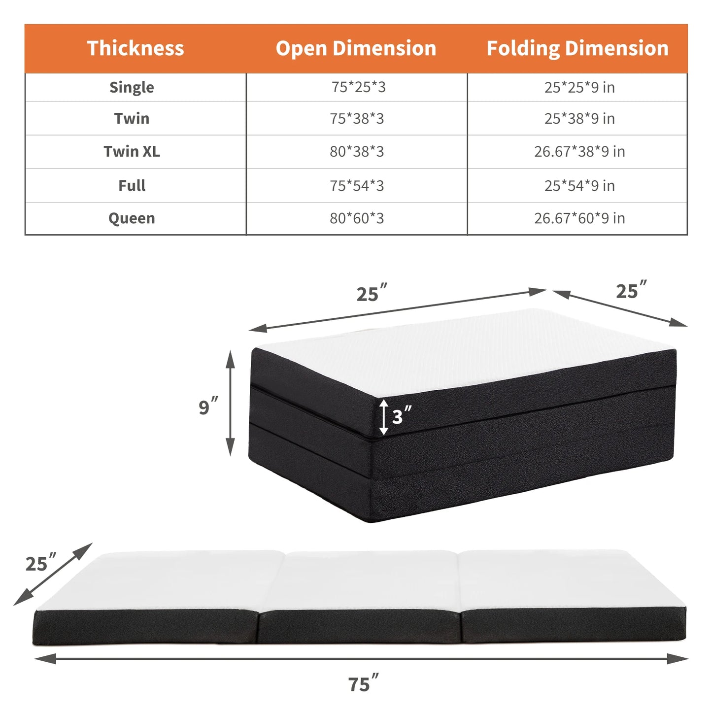 JHK Tri-Fold Memory Foam Travel Mattress With Collapsible Washable Cover