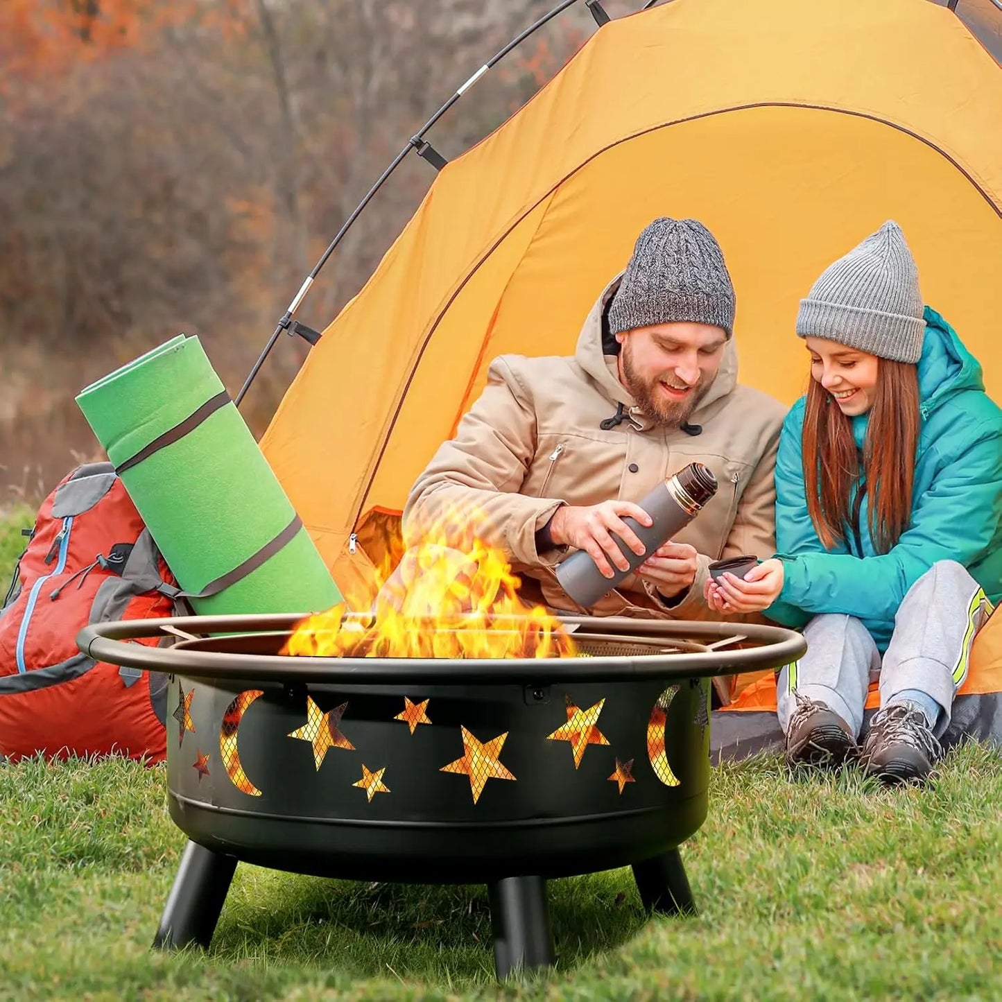 Round Fire Pit With Mesh Cover Star Moon Design Customized