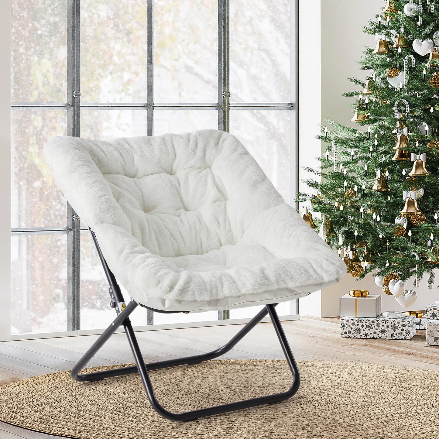 JHK Cozy Faux Fur Saucer Chair With Metal Frame Folding
