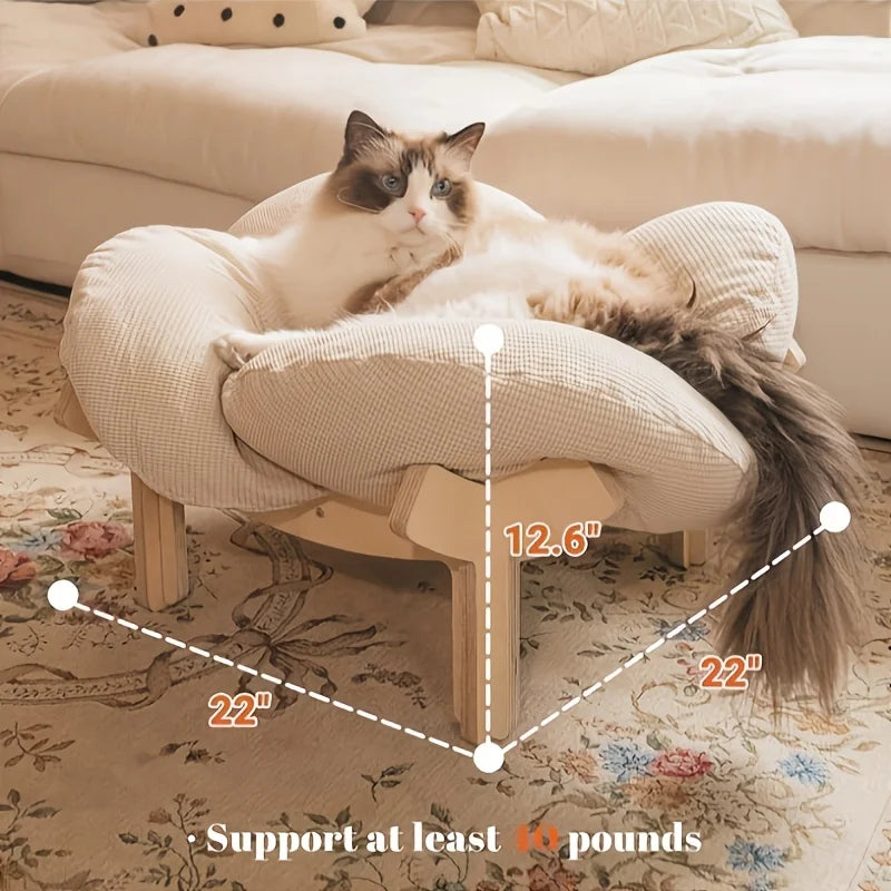 Raised Wooden Cat Bed With Soft Cushion For Indoor Lounging