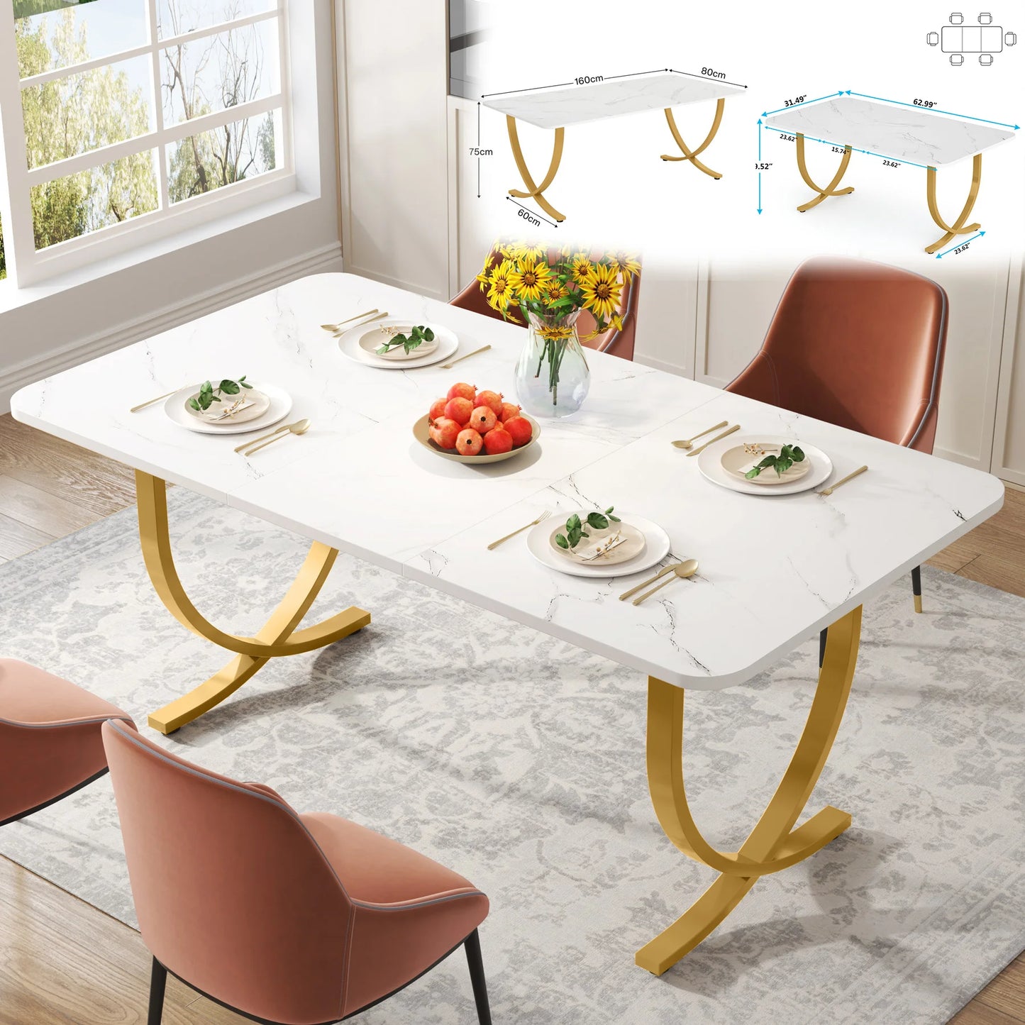 Tribesigns Rectangular Dining Table For 4 To 6 With Faux Marble Top
