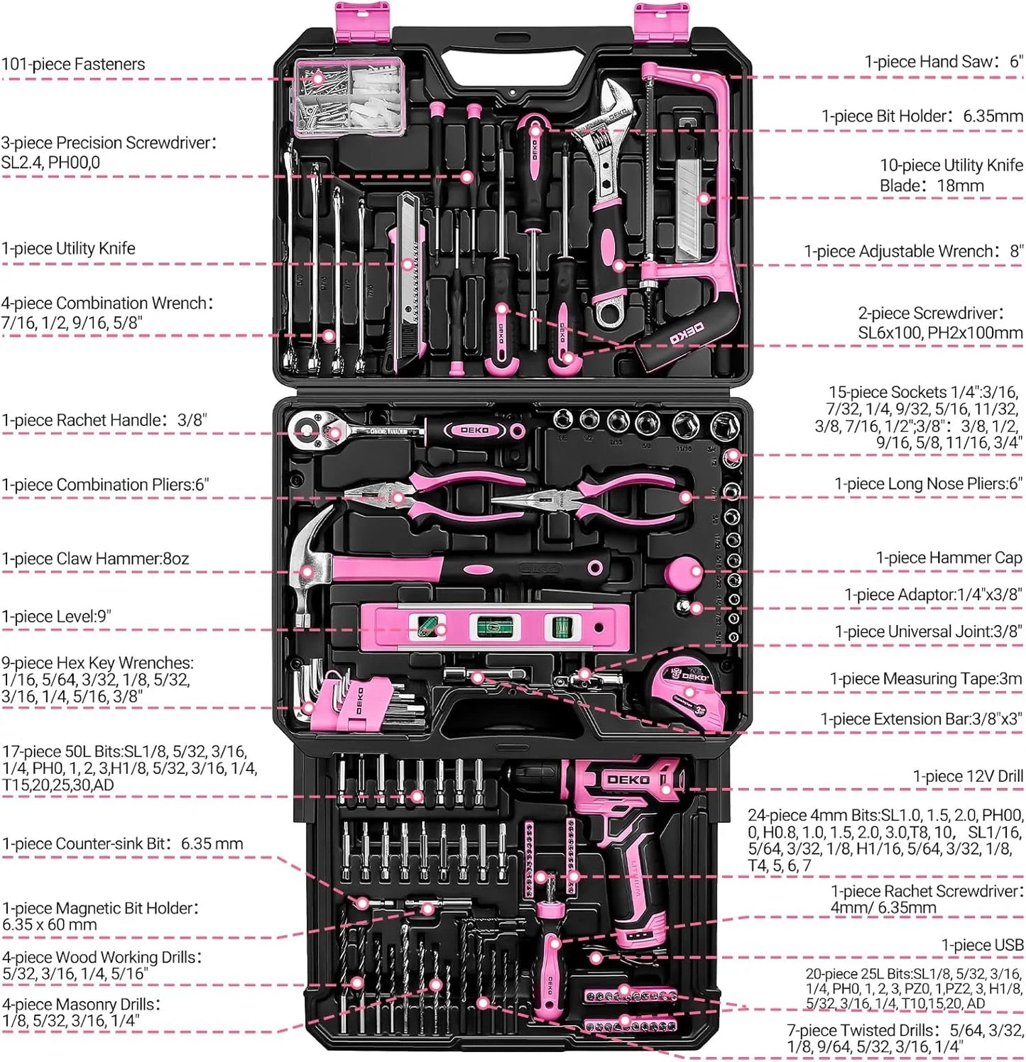 DEKO 12V Cordless Drill and Home Mechanic Toolbox Set with Organizer