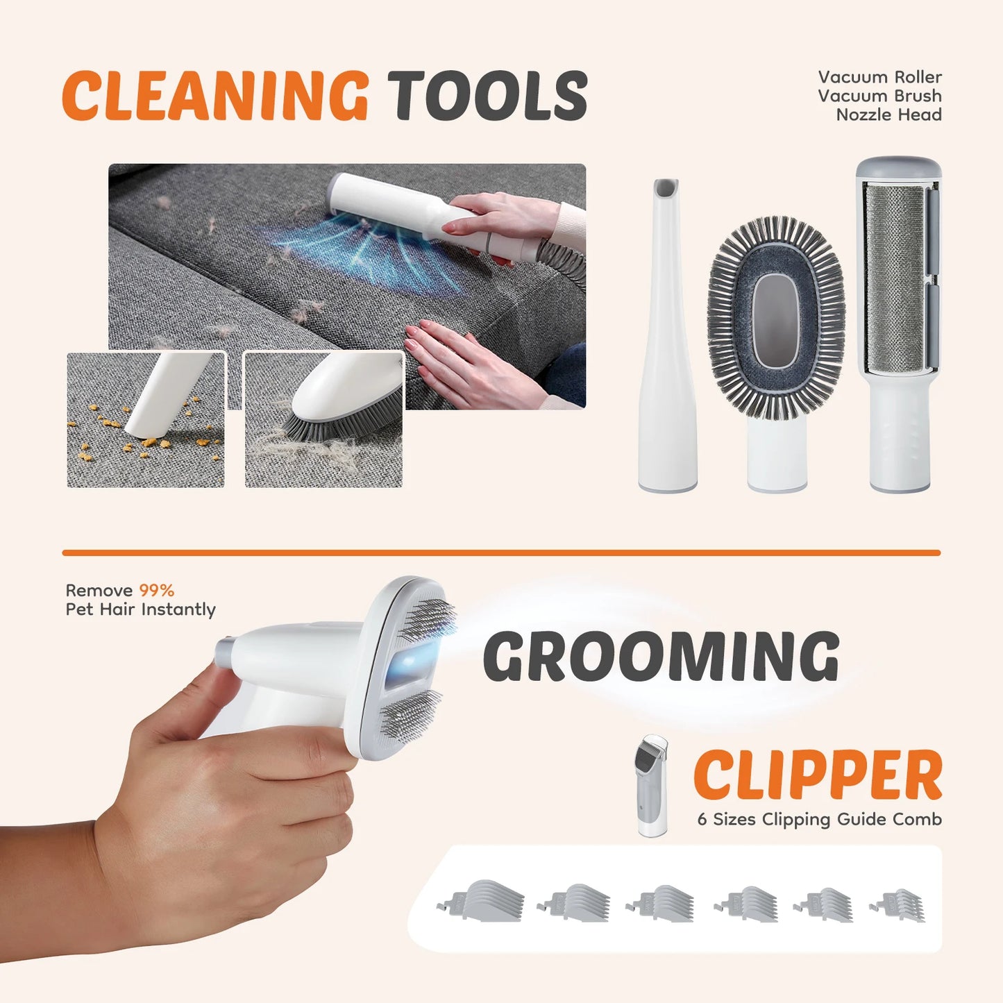 Pet Grooming Vacuum Kit With 3 Suction Modes Cordless Clippers