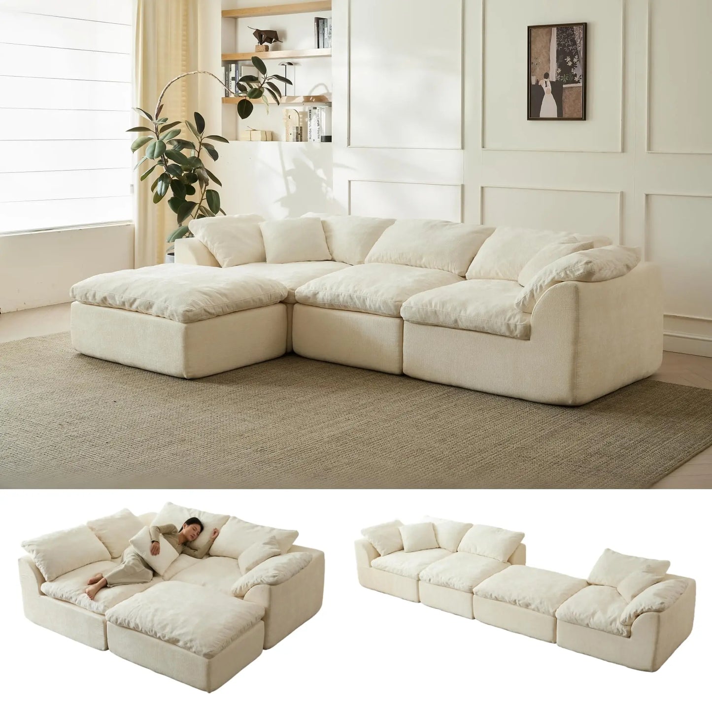 Yeflixvrau Modern Cloud L Shaped 3 Seater Chenille Sofa With Ottoman