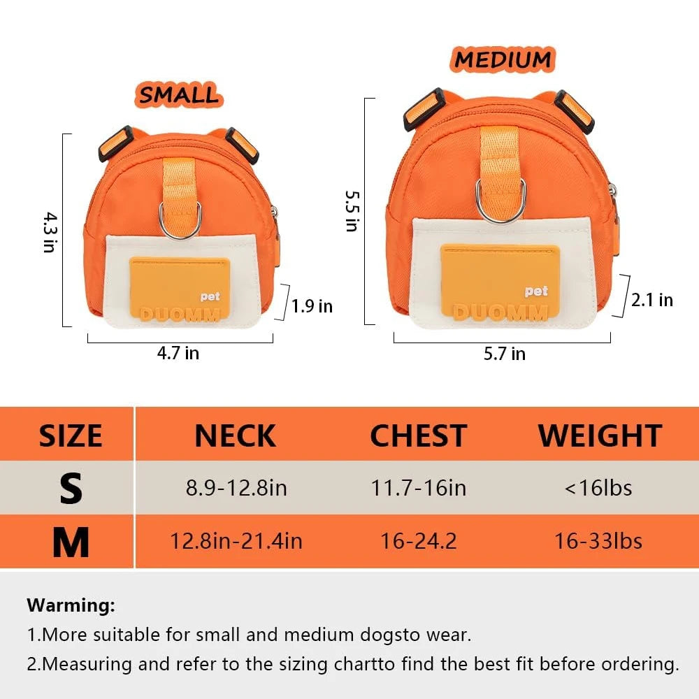 Adjustable Pet Backpack With Harness Leash Travel Treat Pouch