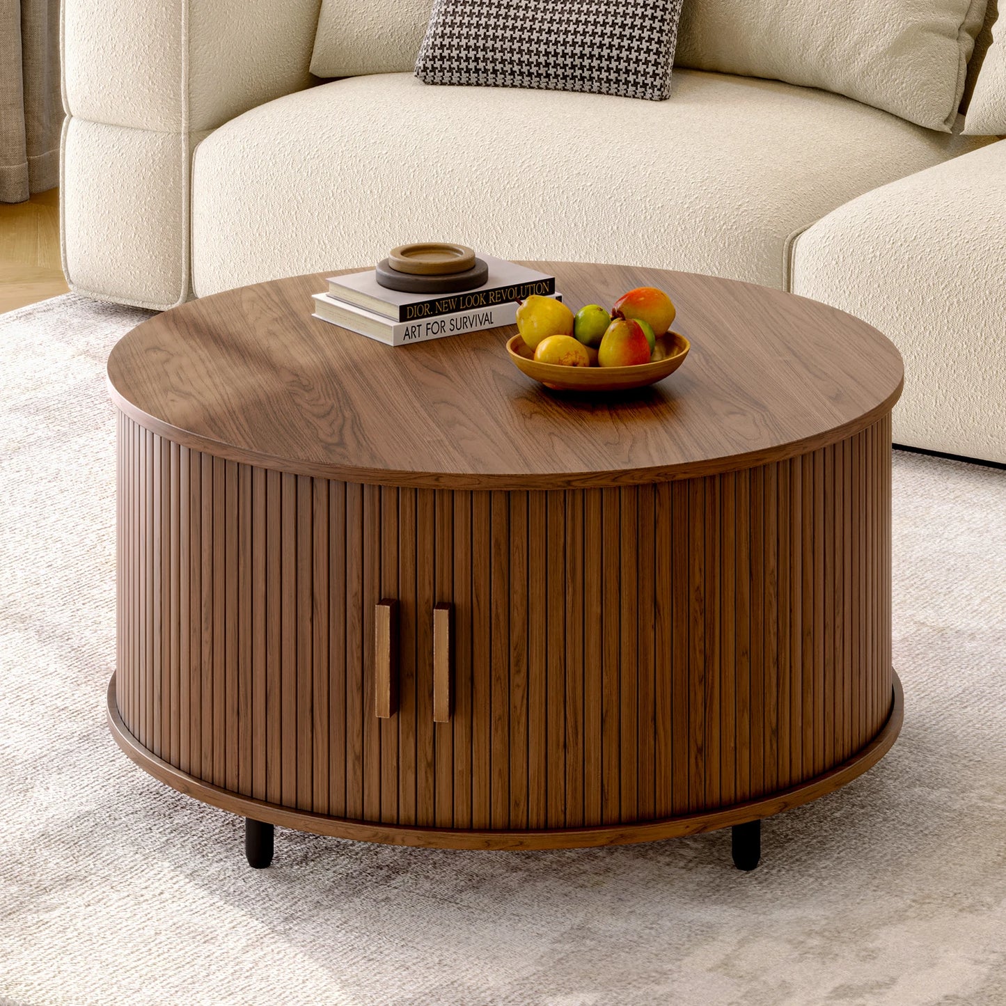 ONBRILL Round Coffee Table With Storage And 360 Degree Sliding Door