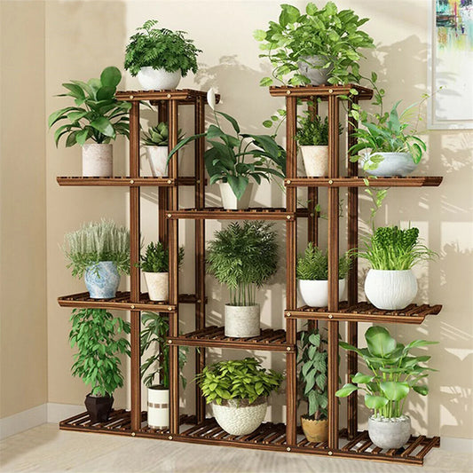 11 Tier Wood Plant Stand Carbonized Pot Display Shelf Garden Office Decor
