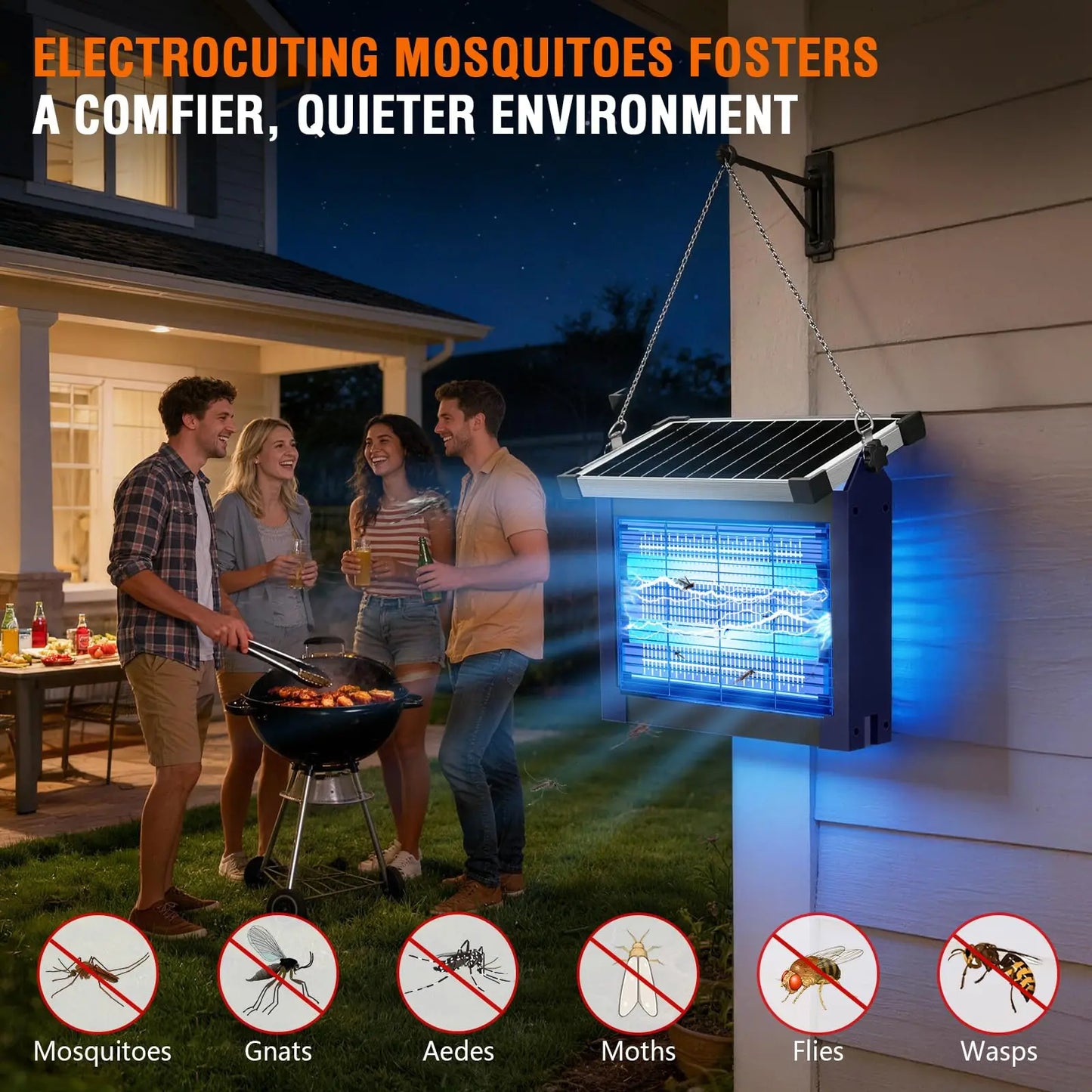 Outdoor Solar Bug Zapper Cordless 4500V Waterproof Mosquito Killer Patio