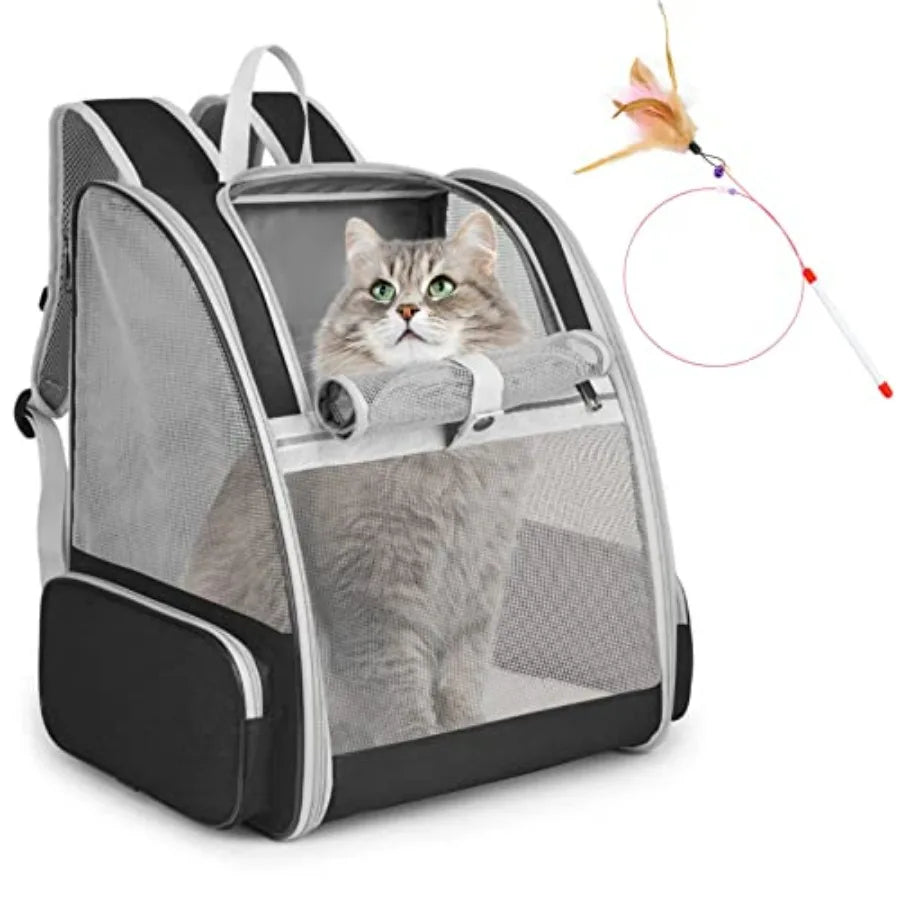 Cat Backpack Carrier With Kitten Wand Feather Toy For Pets