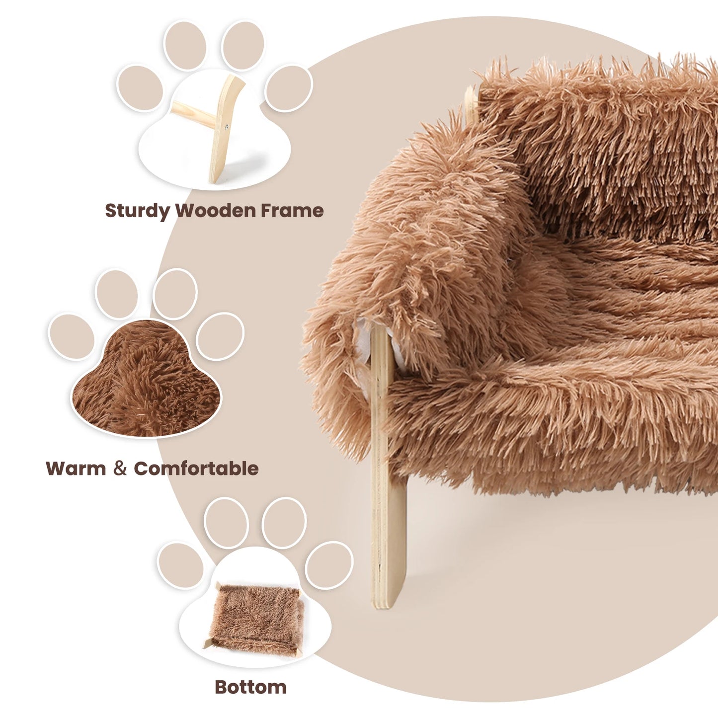 Wooden Leg Raised Plush Cat Sofa Bed for Indoor Cats