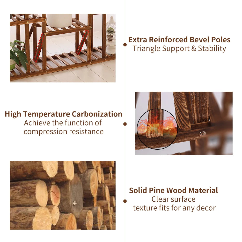 11 Tier Wood Plant Stand Carbonized Pot Display Shelf Garden Office Decor